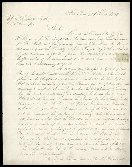 [News of Beckwourth, Bridger, and an alcoholic suicide] Outstanding content letter to Pierre Chouteau Jr & Co. in St. Louis from Honore Picotte at Fort Pierre, Iowa Territory
(now South Dakota), December 15, 1839. It becomes my painful duty to