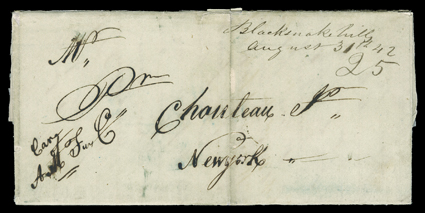 Robidoux, Joseph, Autograph Letter Signed, August 31st, 1842, with integral address leaf to Pierre Chouteau who was in New York making arrangements to buy the Western Outfit at
Prairie du Chien from the American Fur Company, with manuscript Blac