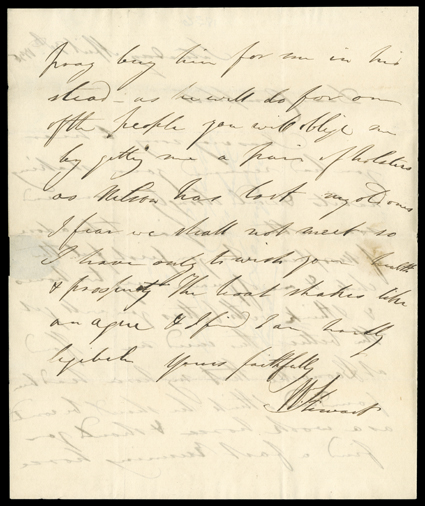 Stewart, William Drummond, Choice pair of autograph letters signed by the Scottish sportsman (1795-1871) whose forays into the wild American West in the 1830s became the basis
for dramatic paintings by Alfred Jacob Miller and also for his own fro