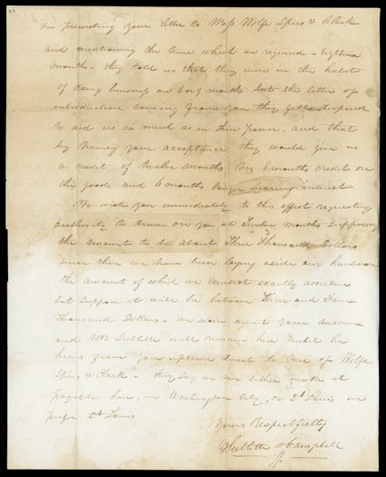 Sublette, William, Excellent association autograph letter signed twice (as Wm. Sublette and as Sublette & Campbell), New York, January 8, 1833. Addressing the US Congressman
from Missouri as Genl. Wm. H. Ashley (he had been a brigadier gene