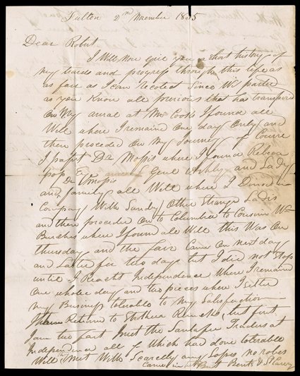 Sublette, William, Outstanding fur trade content autograph letter mentioning Ashley, Bent, Bonneville, Bridger, Cabanne, Drips, Fitzpatrick, Fontenelle, Fraeb, Gervais, Newell,
Vanderburgh, and Vasquez signed by Sublette in Fulton, MO, November 2