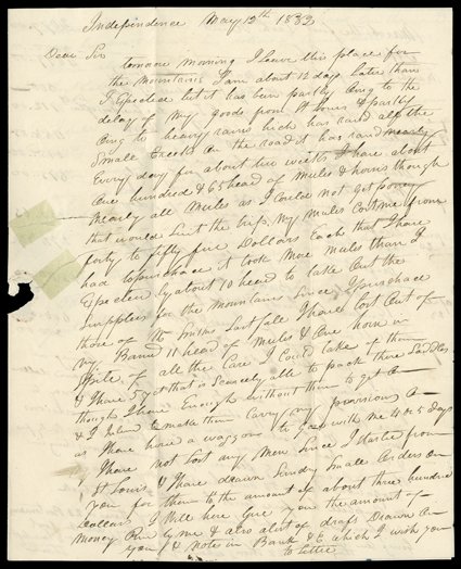 [1832 Rendezvous, William Sublette] Important autograph letter signed by Sublette from Independence, MO, May 12, 1832, to William H. Ashley in St. Louis. He reports that he is
just about to set off for the rendezvous, but: I am about 12 days l