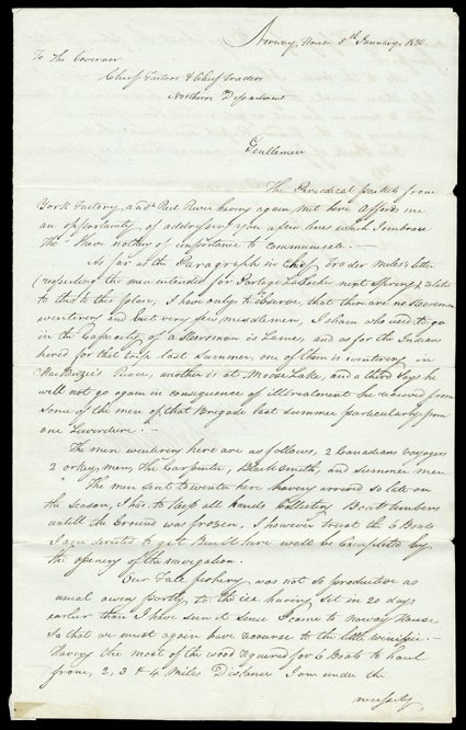 [Norway House, John MacLeod] Letter signed by MacLeod to the governor, chief factors, and chief traders of the Northern Department of the Hudsons Bay Company, Norway House (on
the Nelson River), January 5, 1830. He reports that:The men winter