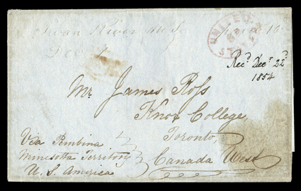 Swan River M.T. , Dec 7, (1854) manuscript Minnesota Territory postmark on folded Ross cover to Toronto originating at Red River Settlement, endorsed Via Pembina, Minnesota
Territory, U.S. America and entered the mails with light manuscript Sw