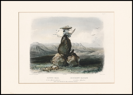 [Assiniboins] Aquatint Engraving Magic Pile Erected by the Assiniboin Indians C. Bodmer, painter, Bougeard, publisher, C. Vogel, engraver. Holscher in Koblenz, Ackermann in
London, Bertrand in Paris, (ca 1840). Embossed C. Bodmer at bottom. V