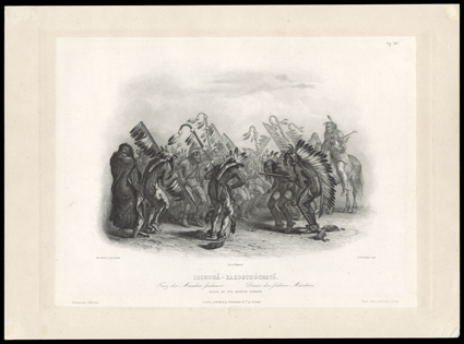 [Mandans] Two Engravings Dance of the Mandan Indians and Dog-sledges of the Mandan Indians c. Bodmer, painter, Bougeard, publisher, former Desmadryl and latter Laderer &
Hurlimann engravers. Holscher in Koblenz, Ackermann in London, Bertrand