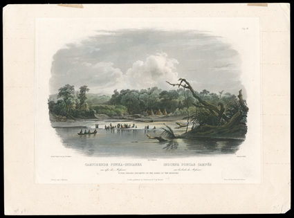 [Punka Indians] Aquatint Engraving Punka Indians Encamped on the Banks of the Missouri c. Bodmer, painter, Bougeard, publisher, Salathe, engraver. Holscher in Koblenz,
Ackermann in London, Bertrand in Paris, [1843]. Embossed C. Bodmer at bott