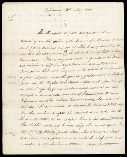 [The Prophet and Tecumseh, William H. Harrison] Four important Letters Signed by Harrison as governor of the Indiana Territory, 1808-1810, on Native American hostilities that
would climax in Tecumsehs War. All are written from Vincennes, the ter