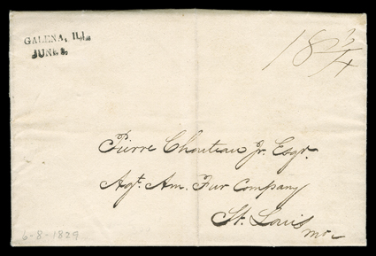 Rolette, (Jean) Joseph, Trying to prevent a war between the Sioux and the Sauks and Foxes, Outstanding autograph letter signed twice, from Prairie du Chien, Michigan Territory
(now Wisconsin), June 6, 1829. With straight-line Galena, IL postmark,