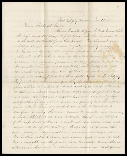 [Sioux War] Great letter by a soldier who has just gone on a raid and will be present at the execution of the leaders of the muderous band of Dakotas. He writes his family from
Fort Ridgely on November 10, 1862:I have been with the Regt. on a