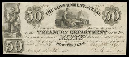 [Texas Banknotes] Group features a pair of Government of Texas notes, issued in 1838, both with secretarial signatures of Sam Houston (by William G. Cooke) as President, and of
Henry Smith, known as the first American governor of Texas, as Treasu