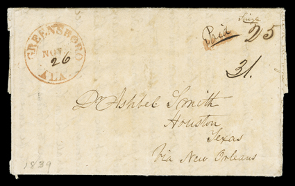 [Slavery in Texas] Extremely rare slavery content letter from Durant H. Davis, a slave trader, to Dr. Ashbel Smith, secretary of state of the Republic of Texas, November 26,
1839. He writes from Greensboro, Alabama, through New Orleans (where it