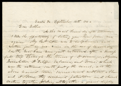 [Kearnys Conquest of New Mexico] folded letter with integral address leaf datelined Santa Fe, September 16th, 1846 and carried up the Santa Fe trail by military express,
entered the mails to Rockport, Missouri with Weston, Mo.Oct 10 datesta