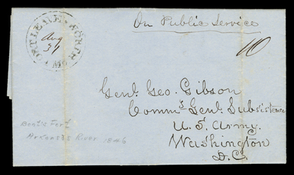 Encampment of Army of the West near Bents Fort Arkansas, July 31st, 1846, dateline (present day Colorado) on folded letter with integral address leaf to General Gibson at
Washington, D.C., endorsed On Public Service and carried by military exp