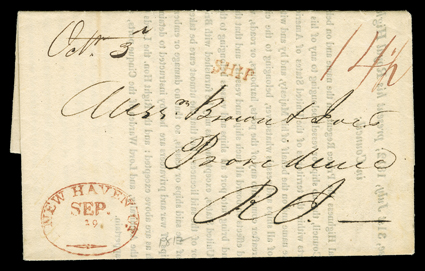 [War of 1812 Declared] America declares war on Great Britain, June 19, 1812, extremely fine printed letter with copy of Royal Order of 31st July, 1812 to Providence, R.I. with
New HavenSep 19 entry datestamp, matching SHIP handstamp and 14