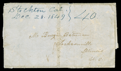 [Stockton California 40 cent rate uses] four covers, one with manuscript Stockton Cal.Dec 28, 1849 territorial period postmark and matching 40 rate on folded letter with
integral address leaf to Jacksonville, Illinois, second with blue Stoc