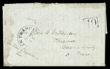 [On the Mexican Gold Trail to California] folded Chrittenden correspondence letter with integral address leave to Brazoria, Texas written on the trail while en route to the
gold fields in 1849, letter begun at Pueblo los Angeles on October 12 and