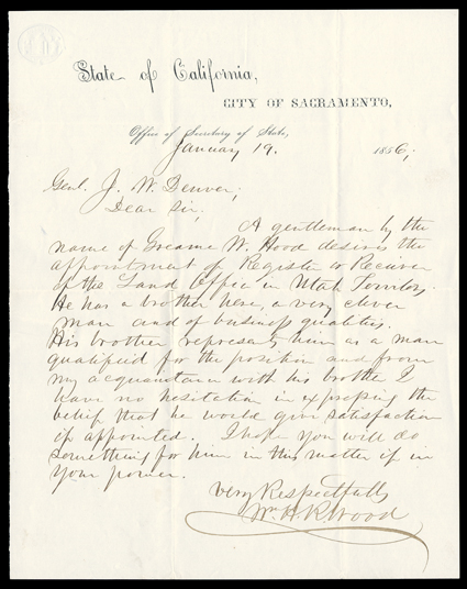 [Vigilance Committee, Denver Correspondence] A unique archive of 29 letters to and from (mostly the former) James W. Denver, 1847-57, in the years during his tenure as
Californias secretary of state, and as her US Representative (1853-57 all tog