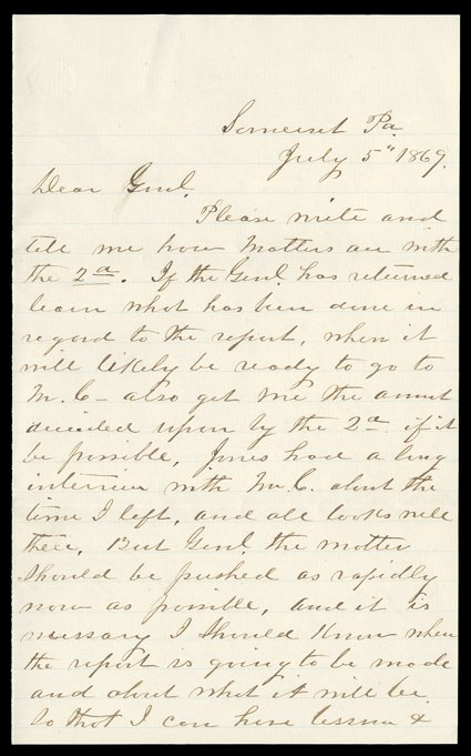 [Overland Mails, Denver Correspondence] With letters by and about Estill, Chorpenning, and Russell, Majors & Waddell, a small but interesting group of 12 letters to and from
James W. Denver, Governor of Kansas Territory, California government off