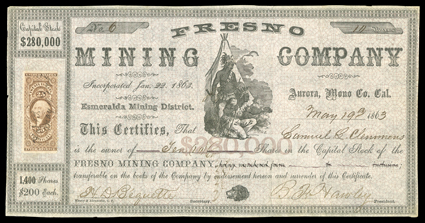 [Samuel L Clemens (Mark Twain), Mining Stock Certificate] Scarce early Document Signed Sam. L. Clemens on verso, transfer of 10 shares of the Fresno Mining Company. On the
certificate for the same, No. 6, May 19, 1863, signed by H.D. Bequette,