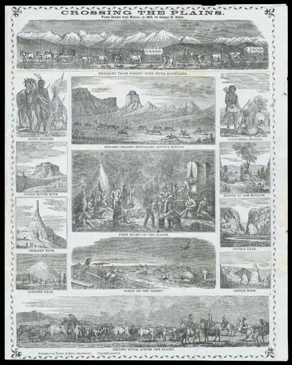 Crossing the Plains, (Baird 47) Barber & Baker, 1853. S.W. Bush writes from Placerville, CA, 11281854: I am in the land of gold...I saw two men hung the third of this month...
three known some toning in spots.