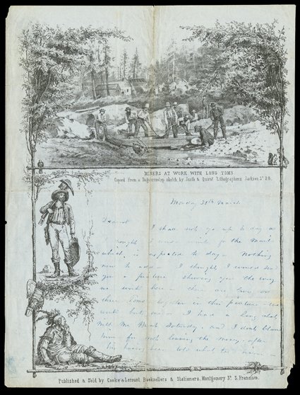 Miners at work with Long Toms, (Baird 159) Justh & Quirot, Lithographers, Published & Sold by Cooke & Lecount Booksellers & Stationers, no year given and letter date
incomplete. One known of this design and on this paper. Several variants exis