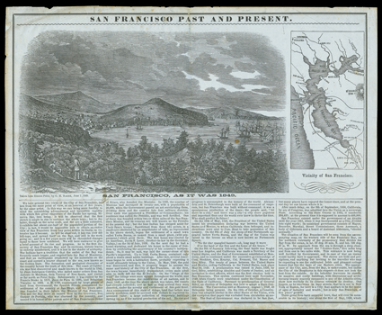 San Francisco Past and Present - San Francisco as it was in 1849 - San Francisco as it is, 1854, (Baird 251) Barber & Baker, 1854. Printed at the Sun Office. Twelve known. Some
foxing and edge wear. Repairs at folds with matching paper. An una