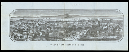 View of San Francisco in 1860, (Baird 317) Henry Payot, (before 10101862). Sheets hinged at short end, unfolding to an 8.4 x 21.5 panoramic image. Two others known. Writer has
added a pen notation identifying the location of Oakland (picture