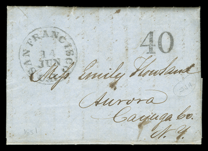 [San Francisco, Great Fire of 1851] Excellent autograph letter in French and English, May 22, 1851, by William Peters of San Francisco, to Emily Howland in Aurora, NY. He
writes about the conflagration of May 4: The smoke was enough to smother
