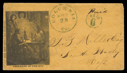 Proceeds of the Day, miners illustrated cover published by Wide West Office, San Francisco, orange cover to South Hadley, Mass. with blue Columbia, CalNov 28 datestamp and
matching Paid6 in circle, very fine and attractive.