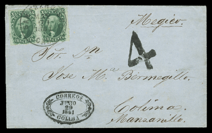 [California to Mexico] folded letter with integral address leaf to Colima, Mexico correctly prepaid 20c rate with left margin horizontal pair 10c Green, Ty. V (35, right stamp
with corner missing) tied by San Francisco, CalMay 21, 1861 datest
