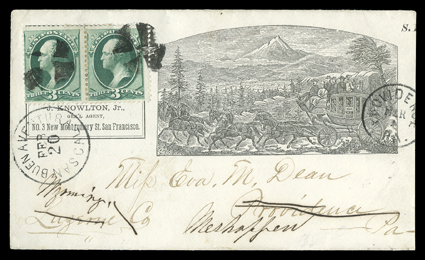 Coast Line Stage Company, corner card cover with handsome six-horse stage coach through the mountains illustration to Providence, Pa. and forwarded to Meshoppen, Pa., with
horizontal pair 3c Green (158, lifted to reveal corner card and hinged ba