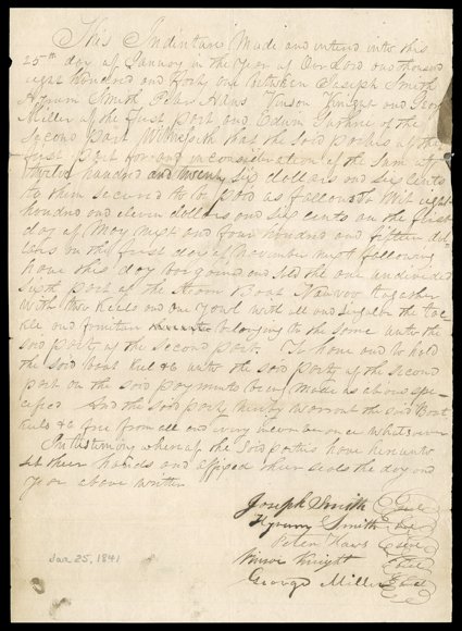 Smith, Joseph and Hyrum, 1841, Rare Document Signed Joseph Smith and Hyrum Smith, 1 page, 4to, Nauvoo, Illinois, January 25, 1841, regarding purchase of steamboat Nauvoo. An
indenture: between Joseph Smith, Hyrum Smith, Peter Haws, Vinson