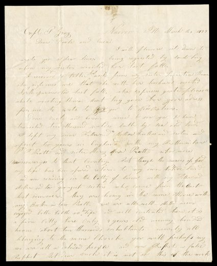 [Olive Frost, plural wife of Joseph Smith and Brigham Young], You will perhaps say that our prophet is a false prophet...It is not so. This is the work of God.Exceptional
content Autograph Letter Signed Olive G. Frost, 3 pages, 4to, Nauvoo, I
