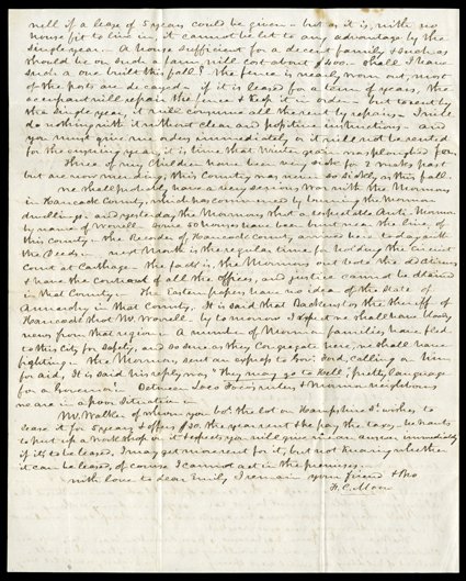 [Mob War in 1845], Highly desirable content letter by F.C. Moore of Quincy, Illinois, September 17, 1845. He reports to John Pierce in New York that: We shall probably have a
very serious war with the Mormons in Hancock County, which has comme