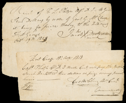 [Fort George and the Burning of Newark] Document Signed Geo. McClure, Br. Genl. of Volunteers, 1 page, oblong 8vo, Fort George, Upper Canada (Ontario), October 19, 1813. Just
weeks before abandoning the fort and ordering the nearby town of Newa