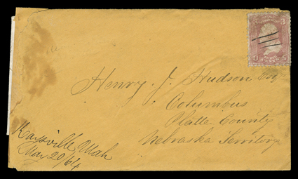 [Mormon Utah] Outstanding content letter on the Mormons in Utah and emigrants to the west coast, Kaysville, Utah, May 18, 1864. Michael Pilling writes to H.J. Hudson in
Columbus, NE, about the MontanaIdaho gold rush: We had a short address on
