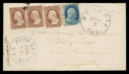 [Fort Laramie to San Francisco], cover with 1c Blue, Ty. V (24, corner missing) and horizontal pair and single 3c Dull red (25, single with corner missing) tied by three light
strikes of Fort Laramie, N.T.Jan 12 Nebraska Territory datestamp,