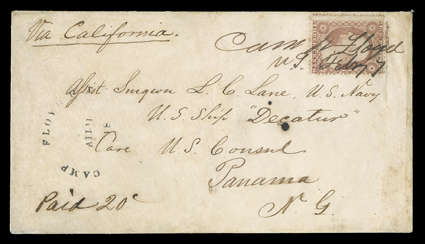 [Chorpenning Route via San Francisco to New Grenada] manuscript Via California endorsement on cover addressed to Navy surgeon L.C. Lane on board U.S. ship Decatur at Panama,
New Grenada, with 3c Dull red (26) tied by manuscript Camp Floyd