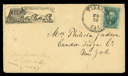 Via Visalia & Los Angeles printed directive on four-horse stage coach illustrated cover to Candor, N.Y. with 10c Green, Ty. V (35, short tear) tied by double circle Visalia,
CalNo 30 datestamp, small piece of flap missing, very fine the on