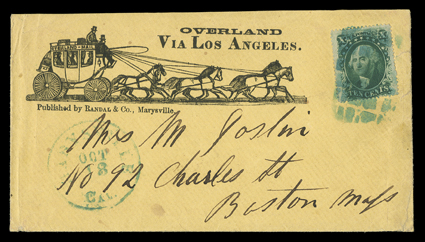 Overland Via Los Angeles, printed directive on six-horse stage coach illustrated cover published by Randal & Co., Marysville to Boston with 10c Green, Ty. V (35) tied by blue
waffle grid, matching Marysville, CalOct 18 datestamp, cover with m