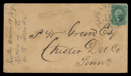 OVERLAND., mostly clear straightline handstamp and matching Sacramento City, Cal.Nov 11, 1859 datestamp tying 10c Green, Ty. V (35, faulty) to buff cover to Chester, Pa., this
handstamp was used on mail that was carried on the Butterfield Rou