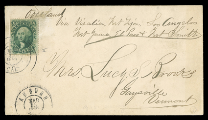 Overland, Via Visalia, Fort Tijon, Los Angeles, Fort Yuma, El Paso & Fort Smith, extensive manuscript directive on cover carried by Butterfield Overland Mail stage on the
southern route to Gaysville, Vermont with 10c Green, Ty. V (35, natural st