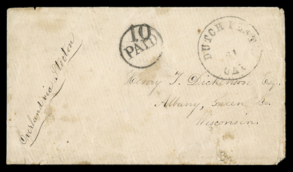Overland via Stockton, manuscript directive on cover to Albany, Wisconsin with Dutch Flat, Cal.? 21 datestamp, Paid in circle and 10 rate handstamp, very fine the only recorded
cover with this directive, although the route had most li