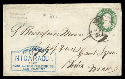 [Crossing the Isthmus] three eastbound covers, first a 6c Green entire (U13) with blue framed Forwarded via Nicaragua from Noisy Carriers Publishing Hall San Francisco
handstamp entering the mails to Boston with New-YorkShipJan 9 datestam