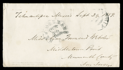 [Tehuantepec Route, the last mail], two covers to the same Middletown Point, N.J. address, both with original letters, first with manuscript Minatitlan Isthmus Tehuantepec and
with Letter bag of the Brig Icarian directive, with letter datelin