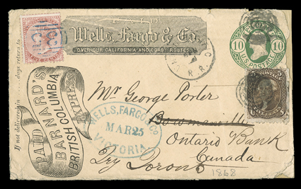 Barnards British Columbia Express, Paid printed frank on 10c Yellow green on buff entire (U41) uprated with United States 5c Brown (76, small fault) to Bowmansville, Canada,
with additional Wells, Fargo & Co. printed frank and blue oval Wells