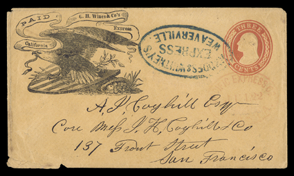 G.H. Wines & Co.s Express, California, Paid, spectacular eagle and shield design printed frank on 3c Red on buff entire (U10) to San Francisco, turned over to Rhodes & Whitney
with blue oval Rhodes & WhitneysExpressWeaverville handstamp, w