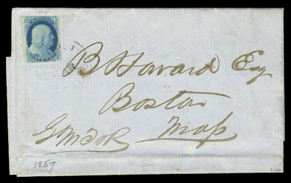 The San Francisco New Letter, A Summary of Events from Feb., 25th to March 5th, 1857, three page printed new letter including Showshoe Thompson announcement and vignette,
mailed to Boston with 1c Blue, Ty. II (7) barely cancelled by San Franci