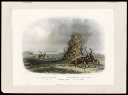 [Upper Missouri] Major aquatint Engraving The Elkhorn Pyramid on the upper Missouri C. Bodmer, painter, Bougeard, publisher, Fournier, engraver. Holscher in Koblenz, Ackermann
in London, Bertrand in Paris, [1839-42]. Embossed C. Bodmer at bot